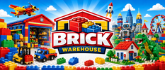 Brick Warehouse logo with colorful brick-built warehouse, toy brick city, robot, dinosaur, rocket, and vehicles.